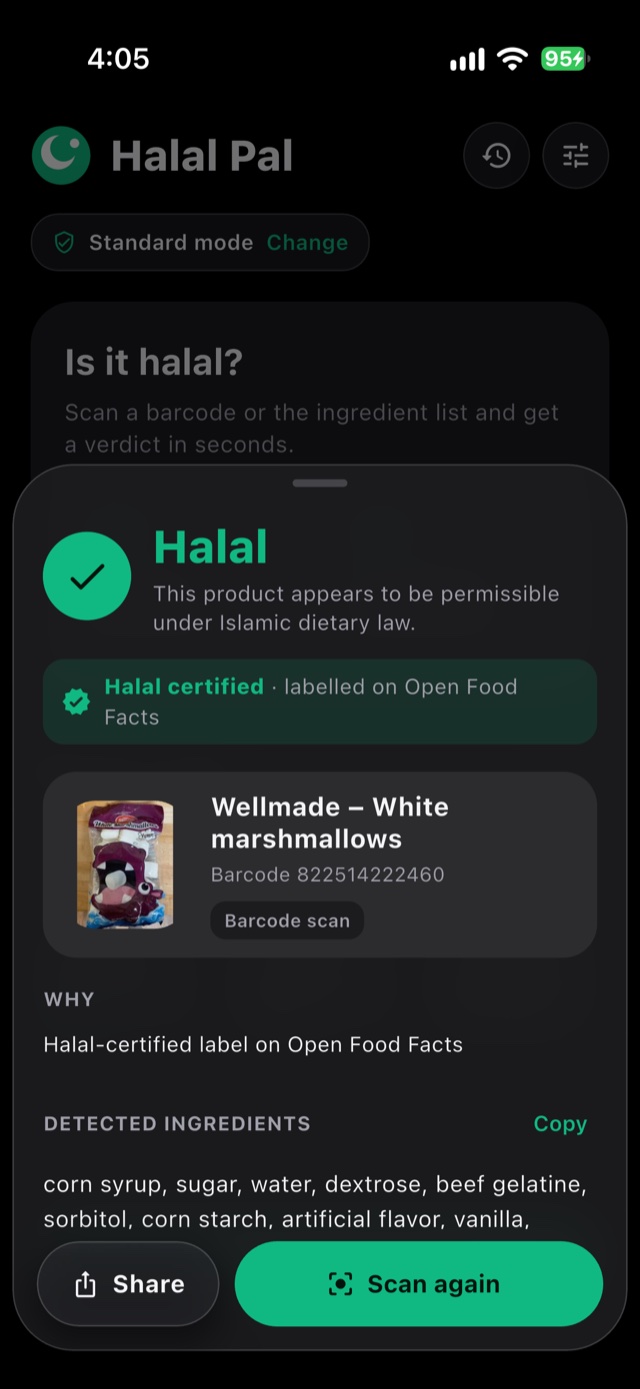 Halal Pal showing a Halal verdict with a halal-certified badge