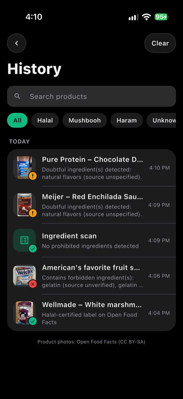 Scan history with product photos and filters
